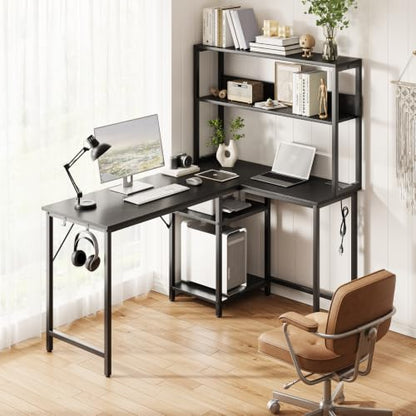 Sweetcrispy 53" Computer Desk, L Shaped Corner Gaming Desk, Power Outlet | Reversible Corner Computer Table, Adjustable Shelf CPU Stand, CPU Stand Hook, Home Office, Black - size: 53 Inch