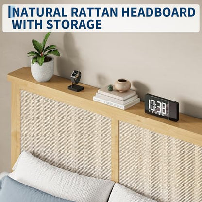 Garvee Bohemian King Rattan Bed LED Natural Headboard Bedroom | Bohemian king rattan bed with natural headboard, LED lights, solid wood frame. No box spring needed for bedroom use. - size: King(0 Drawers)