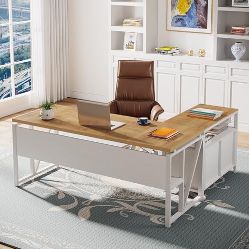 Tribesigns L Shaped Desk with Drawer Cabinet, 63" Executive Computer Desk and lateral File Cabinet, 2 Piece Home Office Furniture with Drawers for Hanging, Doors with Locks (Light Walnut, 63 inches) - color: Light Walnut, size: 63 inches