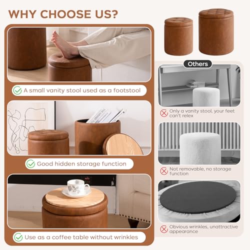 Round Ottoman with Storage Set of 2, 12.6"W x 14.17"H & 14.76"W x 17.32"H Faux Leather Button Tufted Storage Ottoman, Boucle Vanity Stool Footrest Coffee Table for Living Room, Bedroom, Brown - color: Brown