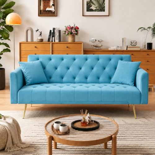 Anwick 72''Modern Velvet Sofa Bed Futon,Convertible Folding Sleeper Couches with 3 Adjustable Backrests,Tufted Recliner Loveseat with Golden Chrome Legs for Living Room Apartment Office (Pale Blue) - color: Pale Blue