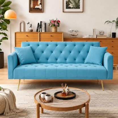 Anwick 72''Modern Velvet Sofa Bed Futon,Convertible Folding Sleeper Couches with 3 Adjustable Backrests,Tufted Recliner Loveseat with Golden Chrome Legs for Living Room Apartment Office (Pale Blue) - color: Pale Blue