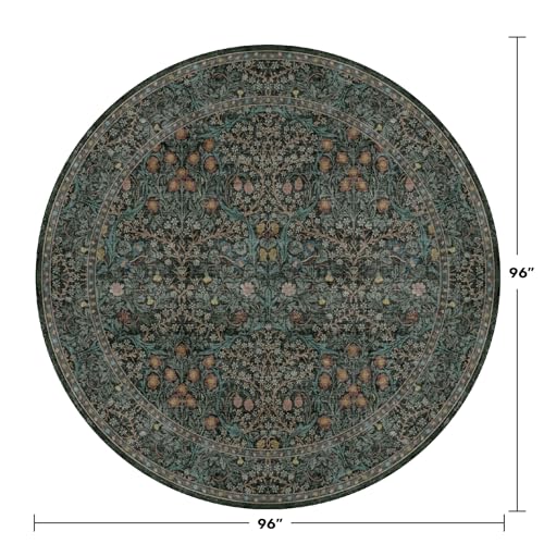 Vintage Washable Round Rugs 8ft, Ultra Soft Large Circle Area Rugs for Living Room, Dining Room Under Table Non Slip, Bedroom Under Bed, Dark Green Oriental Floral Round Floor Carpet Décor - color: Dark Green / Black, size: 8' (Round)