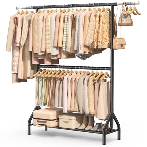Double Rod Clothing Rack Load 622 LBS, Heavy Duty Clothes Rack for Hanging Clothes, 82.68 inch High Garment Rack with Sotrage Shelves, Metal Clothing Hanger Closet Wardrobe Organizer (Black) - color: Black