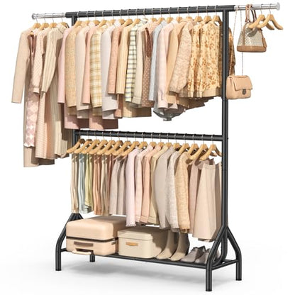 Double Rod Clothing Rack Load 622 LBS, Heavy Duty Clothes Rack for Hanging Clothes, 82.68 inch High Garment Rack with Sotrage Shelves, Metal Clothing Hanger Closet Wardrobe Organizer (Black) - color: Black