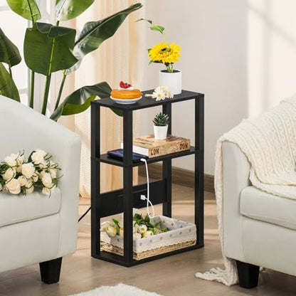 YUFAM 3-Tier Small Narrow Wood Side Table with Charging Station, Skinny Nightstand for Small Space, Slim Bedside Table with Storage for Couch, Thin End Table with USB Ports and Outlets, Black | Thin Side Table for Small Spaces, Slim End Table with USB and