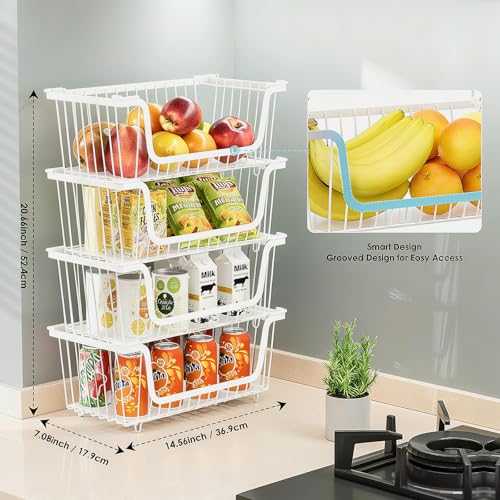 4 Pcs Stackable Wire Baskets for Pantry Organizers and Storage, | Vegetable Fruit Basket for Countertop,Kitchen Storage Metal Baskets,Produce Potato Onion Storage Bin,White - color: 1-White