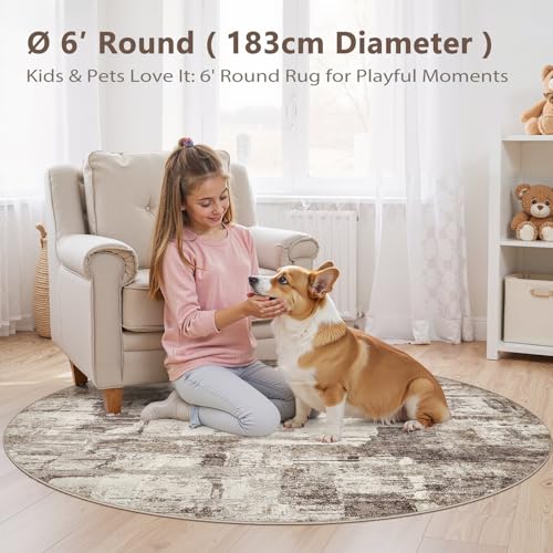 kakania Abstract 6x6 Round Rugs for Living Room: Circle Rugs 6FT Brown | Washable, Soft, Non-Slip, Low-Pile, Pet & Kid Friendly - Modern Home Decor Carpet for Bedroom/Dining Room/Nursery - color: Brown, size: 6' (Round)