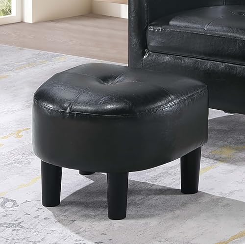 Penau Black Faux Leather Accent Chair, Ottoman Set, Compact | Faux Leather Upholstery, Curved Barrel Back, Rolled Arms, Matching Ottoman, Compact Room Accent