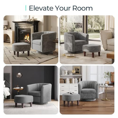 LINSY Large Swivel Accent Chair with Ottoman, Velvet Barrel Chair with Footrest, Modern Upholstered Comfy Reading Chair Armchair for Living Room, Bedroom, Study Room, Office, Grey - color: Grey, size: Large
