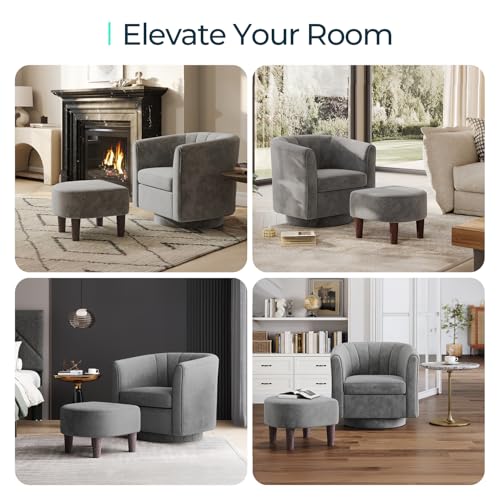 LINSY Swivel Accent Chair with Ottoman: Small Velvet Barrel Chair 360 Swivel Modern Armchair, Upholstered Reading Chair with Footrest for Living Room Bedroom Study Room (Grey) - color: Grey, size: Small