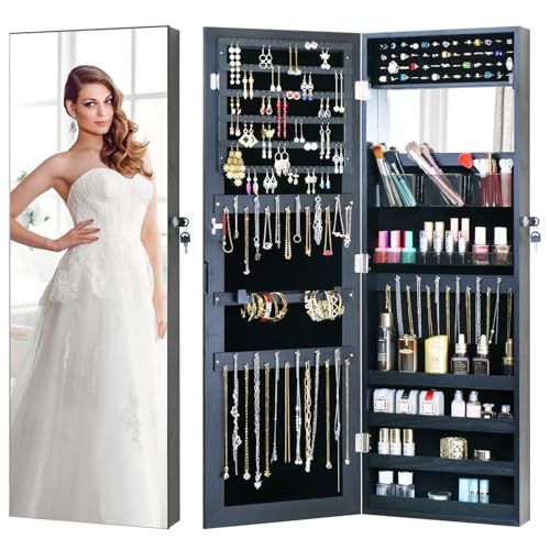Full Length Mirror Jewelry Cabinet - 2-in-1 Organizer for Makeup and Jewelry,Lockable Door Wall-Mounted Jewelry Armoire with Shelves and Behind the Door Storage Black - color: Black, size: 43.3*14.6 Standard Mirror