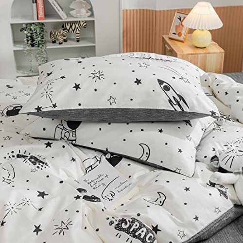 Space Duvet Cover Set Queen 100percent Cotton Cartoon Astronaut Rocket Full/Queen (90 in x 90 in) - color: Happy Universe, size: Full/Queen (90 in x 90 in)
