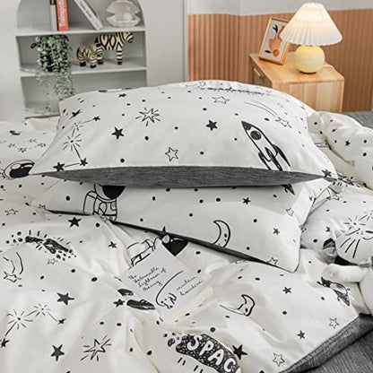 Space Duvet Cover Set Queen 100percent Cotton Cartoon Astronaut Rocket Full/Queen (90 in x 90 in) - color: Happy Universe, size: Full/Queen (90 in x 90 in)