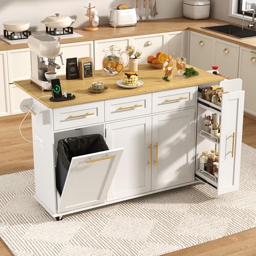St.Mandyu 69" Large Kitchen Island on Wheels, Kitchen Rolling Island Cart with Trash Storage Cabinet, Power Outlet, 3-Tier Pull-Out Storage Trays, Drop Leaf, Mobile Island Table for Kitchen, White - color: White