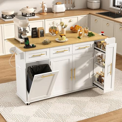 St.Mandyu 69" Large Kitchen Island on Wheels, Kitchen Rolling Island Cart with Trash Storage Cabinet, Power Outlet, 3-Tier Pull-Out Storage Trays, Drop Leaf, Mobile Island Table for Kitchen, White - color: White