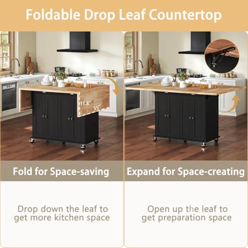62.8 INCH Rolling Kitchen Island Cart with Double Drop Leaf, Small Mobile Kitchen Cart on Wheels, Folding Kitchen Island with Large Tbletop, Adjustable Shelves for Dining Room - color: Black