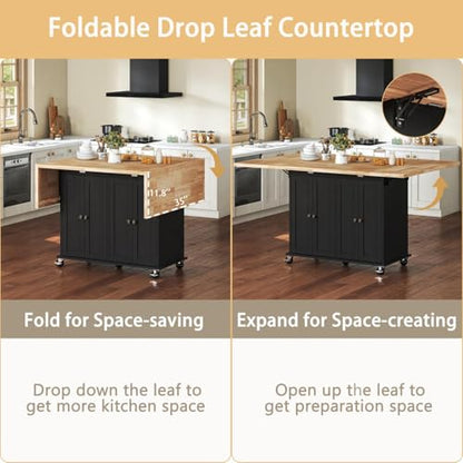 62.8 INCH Rolling Kitchen Island Cart with Double Drop Leaf, Small Mobile Kitchen Cart on Wheels, Folding Kitchen Island with Large Tbletop, Adjustable Shelves for Dining Room - color: Black