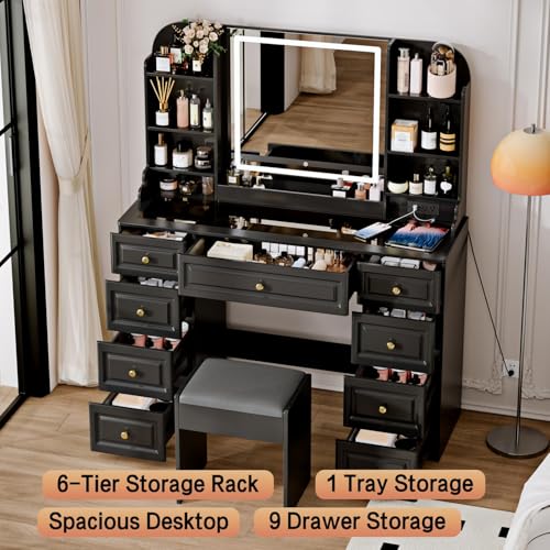 Arulvmrn 43" Makeup Vanity Desk with Mirror and Lights, & Power Outl, Glass Top Big Vanity Table with 9 Drawers& 8 Storage Shelves, Dressing Table Set with Chair for Bedroom, Black - color: Dark