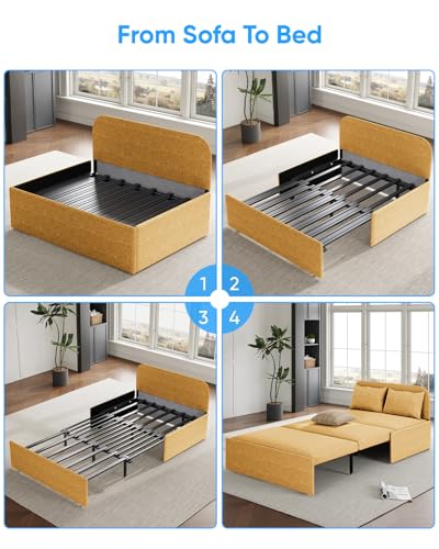 43.3" Twin Size Pull Out Sofa Bed，3-in-1 Linen Convertible Sleeper Sofa Bed,Loveseat Pullout Bed with Pillows and Tri-fold Mattress for Small Space/Bedroom,Yellow - color: Yellow, size: Twin