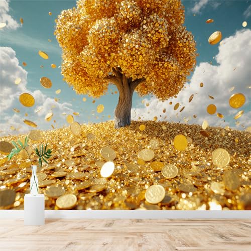 Custom Size Wall Sticker Mural，Golden Tree Money Coins Falling Sky，Removable SelfAdhesive Wall Fabric Large Photo Wallpaper for Living Room Bedroom