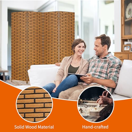 BLKMTY Room Divider, 6ft Folding Privacy Screens, Wall Divider Portable Room Seperating Freestanding Wood Screen, 4 Panels Hand-Woven Design Screen Double Hinged Dividers for Bedroom, Brick - color: Brick