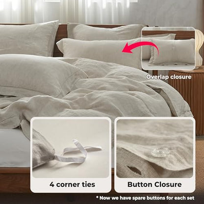 Simple&Opulence 100% Washed Linen Duvet Cover Set with Embroidered,3 Pieces Soft Farmhouse Comforter Set with Button Closure,1 Duvet Cover and 2 Pillowshams(Full,Natural Linen) - color: Embroidery Linen, size: Full