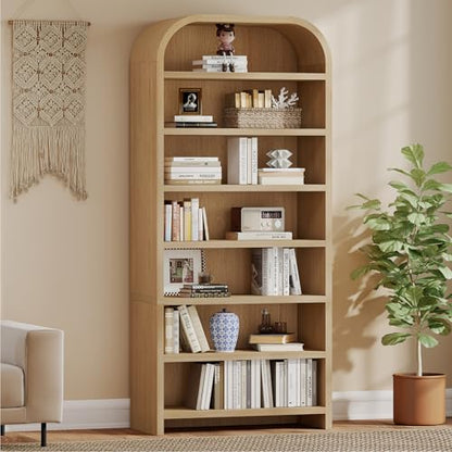 LEVNARY 70" Tall Arched Bookcase, 7-Tier Freestanding Storage Cabinet with Adjustable Shelves, Thick MDF Bookshelf for Bathroom Living Room Bedroom (Natural) - color: Natural