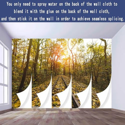 Custom Size Wall Murals， Autumn Forest Train Tracks，SelfAdhesive Removable Peel and Stick Wallpaper， for Living Room，Bedroom，Shop，Office，Kids