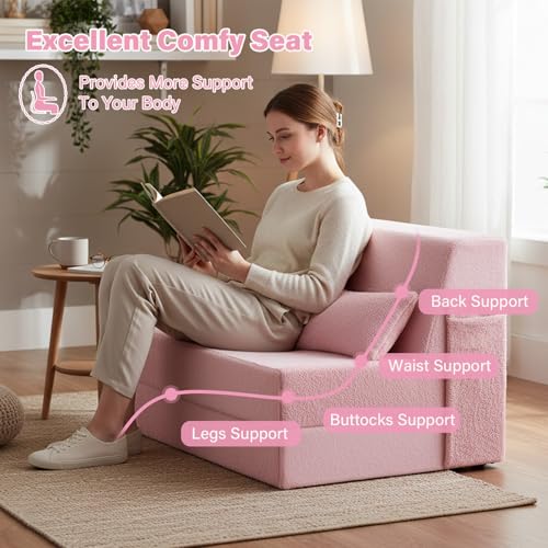 Convertible Folding Sofa Bed Mattress with Pillow & Side Pocket, Plush Fabric Floor Mattress Couch Bed, Washable Cover, Twin Size, Pink - color: Plush Pink, size: Twin Size