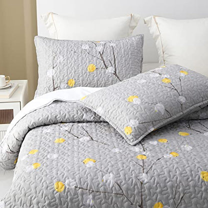 DURLENGEN Quilt Set King Size 3Pcs,Grey Branch with Yellow Turquoise Polka Dot Pattern,Soft Microfiber Lightweight Bedspread for All Season Layering(King 106x96,Botanical Grey) - color: Botanical Grey, size: King(106" x 96")