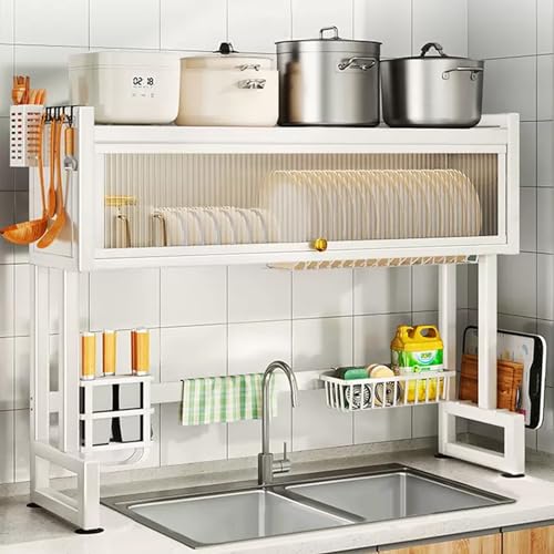 Hdrriozu Over the Sink 3 Tier Dish Drying Rack with Cover, Milkshake White | Rust resistant built last. Easy install simple tools. Holds dishes glasses bowls. Space saving over sink tidy kitchen. - color: Milkshake White