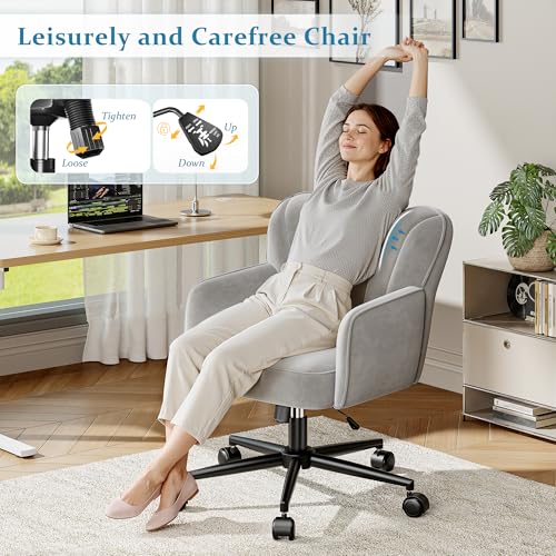 DurayLoly Desk Chair with Shell Back & 360° Swivel Wheels | Comfy Velet Vanity Chair,Adjustable Height,Stylish and Comfortable for Makeup, Work & Relaxation,Grey - color: Grey