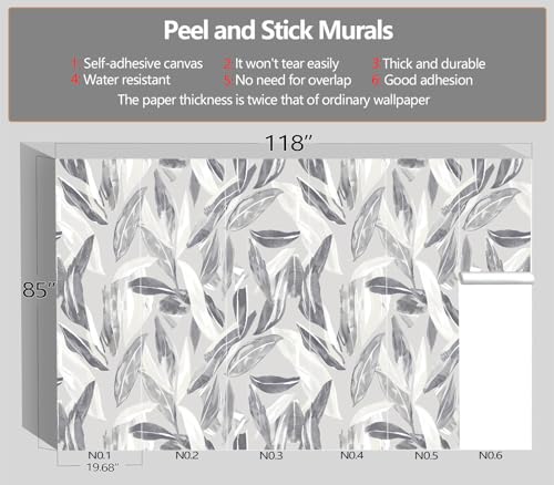 XMPMBM-Peel and Stick Grey Leaves Wallpaper Watercolor Leaf wall Mural | Tear-resistant,good adhesion,repositionable,and durable;does not peel off easily.size: M-118"X85" - color: X08, size: 118"x85"