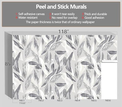 XMPMBM-Peel and Stick Grey Leaves Wallpaper Watercolor Leaf wall Mural | Tear-resistant,good adhesion,repositionable,and durable;does not peel off easily.size: M-118"X85" - color: X08, size: 118"x85"