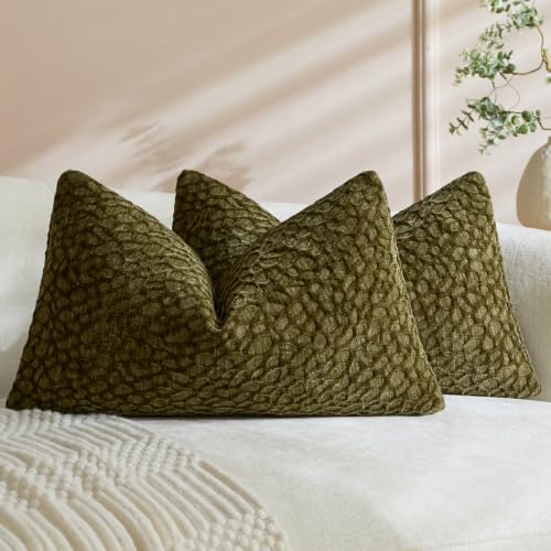 Olive Green Chenille Lumbar Pillow Covers 12x20 Inch Set of 2, Abstract Textured Rectangular Cushion Covers Boho Farmhouse Organic Accent Pillows for Sofa Couch Car Bed - color: Olive Green, size: 20" x 12" (Pack of 2)