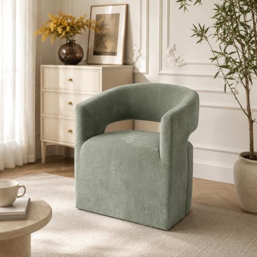 Barrel Accent Chair with Casters, Contemporary Upholstered Arm Chair with Wraparound Back, Plush Rounded Seat, Pedestal Base for Living Room Bedroom Office, Green - color: Green