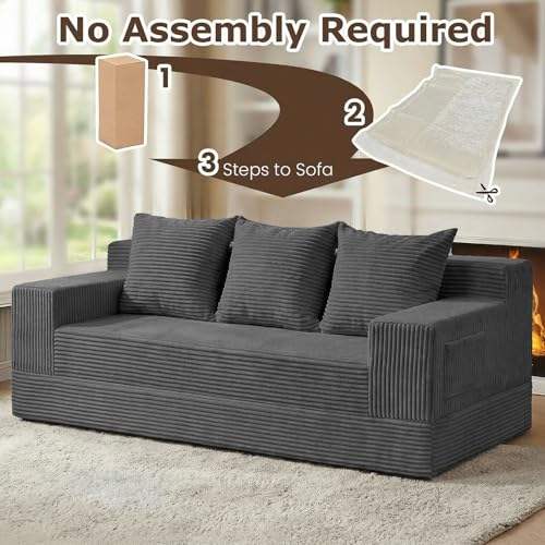 cidludto Convertible Sofa Bed, 78" Oversized Boneless Loveseat Couch 2 in 1 Foldable Futn Bed Couch in A Box, Folding Sofa Chair for Living Room, No Assembly Required, Grey - color: Grey, size: Three Seat-78''