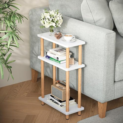 Apicizon Small Narrow Side Table, 3-Tier End Table, White Natural | Sofa Side Table, Slim End Table, Wood Storage Shelf, Slim Nightstand Bedside Table for Narrow Spaces, Living Room, Bedroom - color: White and Natural, style: Narrow Side Table