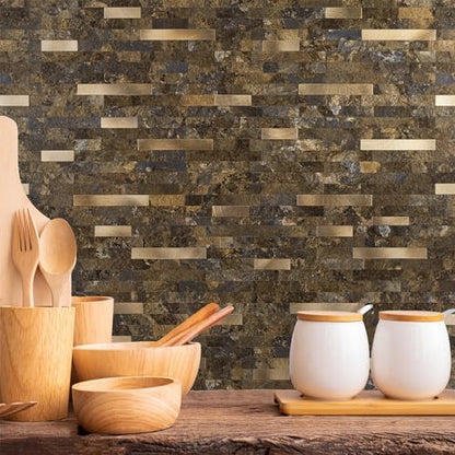 StyloVue 20 Sheets Peel and Stick Backsplash for Kitchen, Rust Slate with Metal Gold Look Stick on Tile Upgrade Your Kitchen Backsplash, RV, Fireplace - color: Rust Slate With Metal Gold