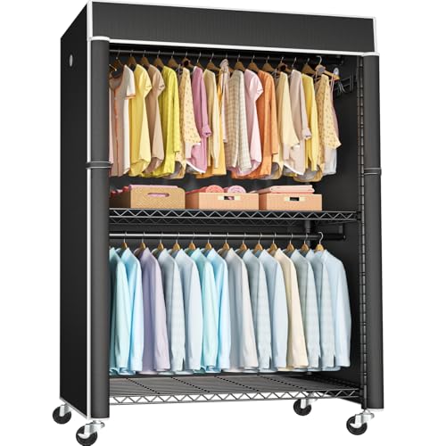 Black Clothing Rack with Black Cover, P1C Plus Rolling Closet | Metal Garment Rack with Wheels for Hanging Clothes, Portable Clothing Storage Wardrobe - color: Black Rack with Black Cover