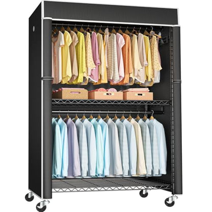 Black Clothing Rack with Black Cover, P1C Plus Rolling Closet | Metal Garment Rack with Wheels for Hanging Clothes, Portable Clothing Storage Wardrobe - color: Black Rack with Black Cover