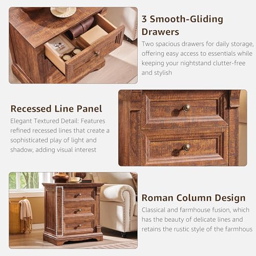 Farmhouse Nightstand Set of 2, 23.6"W Wood End Table With Charging Station | 26" Tall Side Table w/Roman Column, End Tables Living Room Set of 2, Bedside Cabinet for Bedroom, Reclaimed Barnwood - color: Reclaimed Barnwood, size: 23.6"W x 15.7"D x 26"H