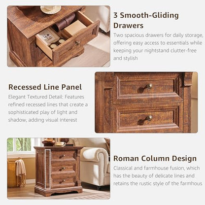 Farmhouse Nightstand Set of 2, 23.6"W Wood End Table With Charging Station | 26" Tall Side Table w/Roman Column, End Tables Living Room Set of 2, Bedside Cabinet for Bedroom, Reclaimed Barnwood - color: Reclaimed Barnwood, size: 23.6"W x 15.7"D x 26"H