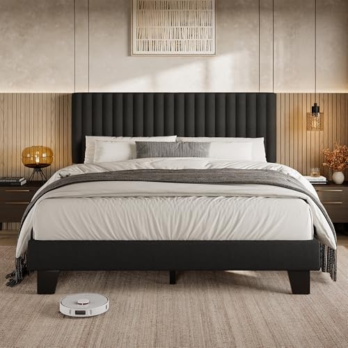 Einhomn Queen Size Bed Frame with Headboard, Upholstered Linen Platform Bedframe with Solid Wooden Slats, Noise-Free, No Box Spring Needed, Easy Assembly, Black - color: Black, size: Queen