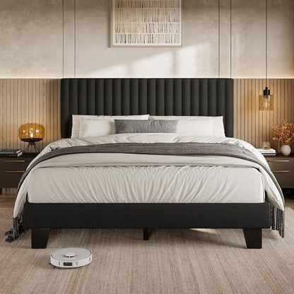 Einhomn Queen Size Bed Frame with Headboard, Upholstered Linen Platform Bedframe with Solid Wooden Slats, Noise-Free, No Box Spring Needed, Easy Assembly, Black - color: Black, size: Queen