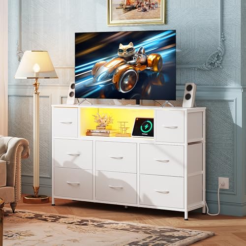 WLIVE LED Dresser TV Stand for 55 Inch TV, 8 Drawers, White | Fits TVs up to 55 inch, 8 fabric drawers, LED chest of drawers, Built-in power outlet, Living room or bedroom - color: White