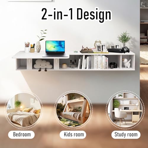 Pmnianhua 63'' Floating Desk with Storage Shelves,Wall Mounted Desk Laptop Computer Writing Study Table for Bedroom Small Space(White)