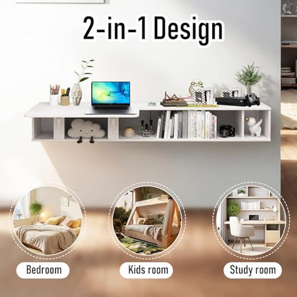 Pmnianhua 63'' Floating Desk with Storage Shelves,Wall Mounted Desk Laptop Computer Writing Study Table for Bedroom Small Space(White)