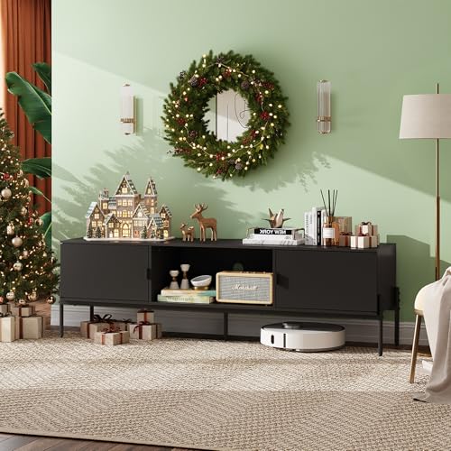 WLIVE 58" TV Stand for 65 Inch TVs, Mid Century Modern Entertainment Center with 2 Storage Cabinets & Open Shelf, Media Console Table with Metal Legs for Living Room, Bedroom, Black - color: Black